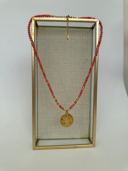 Deep Pink/Red glass bead necklace with 18ct gold plated coin