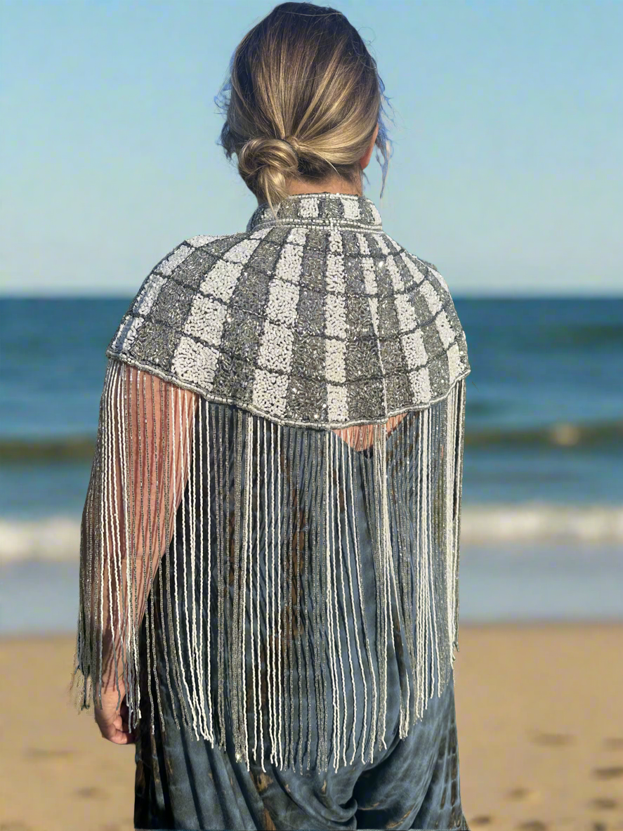 Heavy beaded silver shawl / jacket