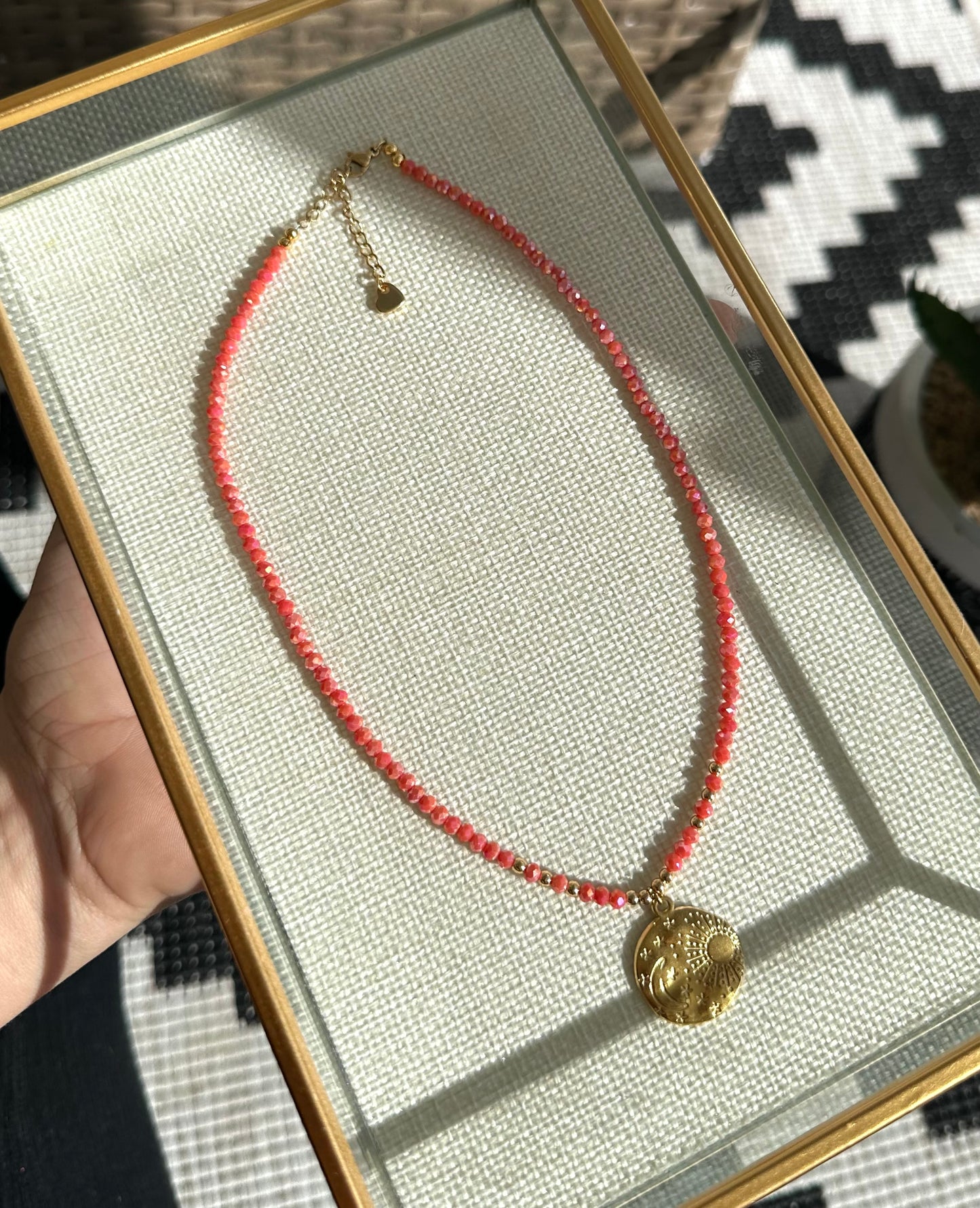 Deep Pink/Red glass bead necklace with 18ct gold plated coin